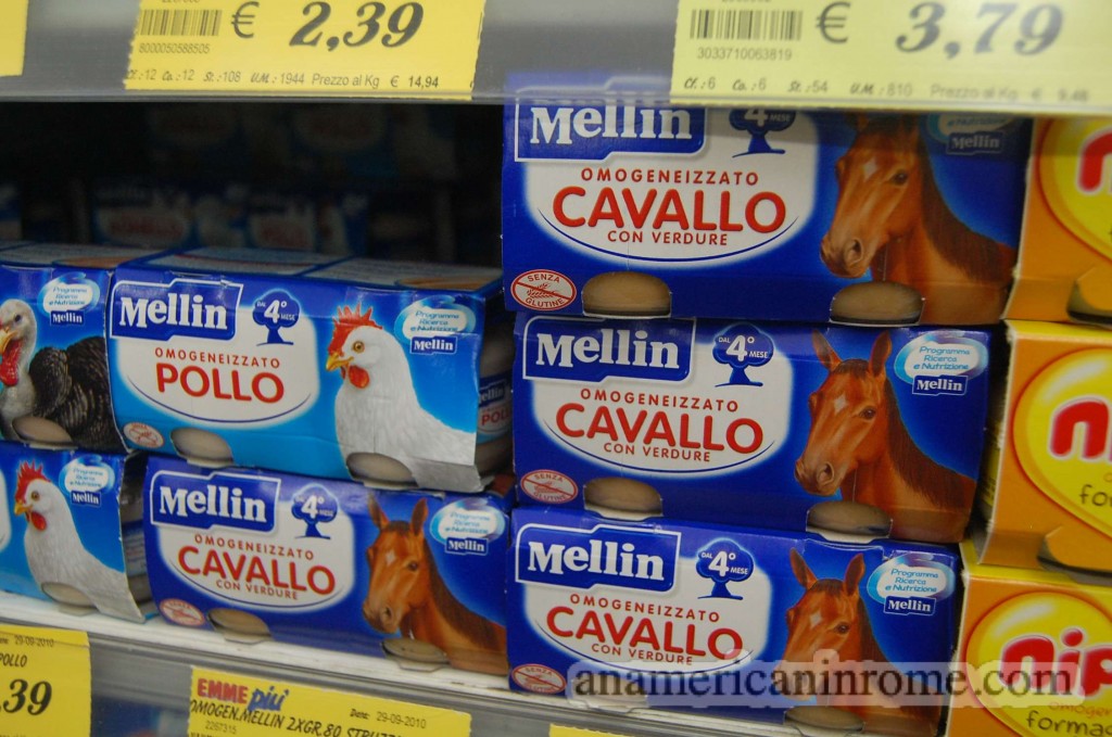 pre-package baby food on a shelf in Italy