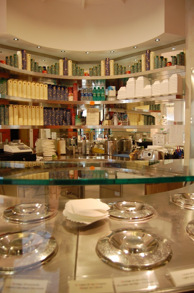 Stacks of cups behind the counter at San Crispino gelato in Rome
