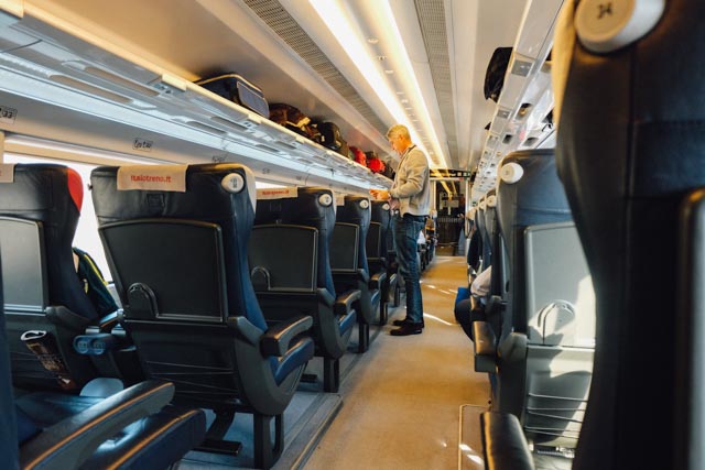 The inside of an Italian train as an example of what to expect from train travel in Italy