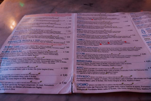 Menu of pizza at Sorbillo Naples