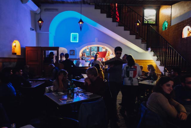 Blue lighting inside Gino Sorbillo pizzeria