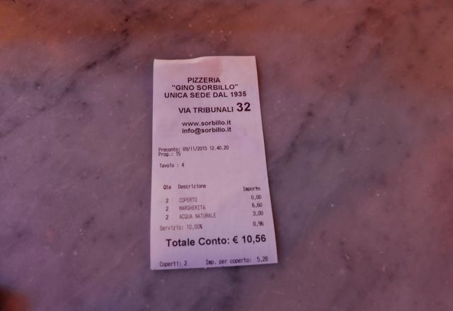 receipt showing the price of pizza at Sorbillo Naples