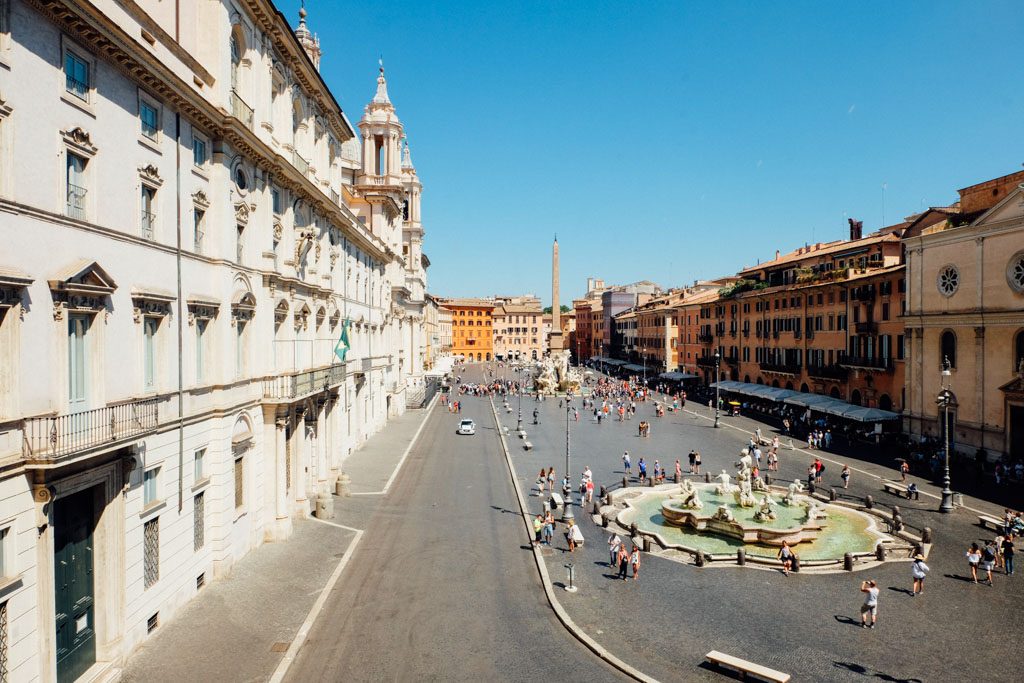 view of Piazza Navona from the Rome art museum Palazzo Braschi