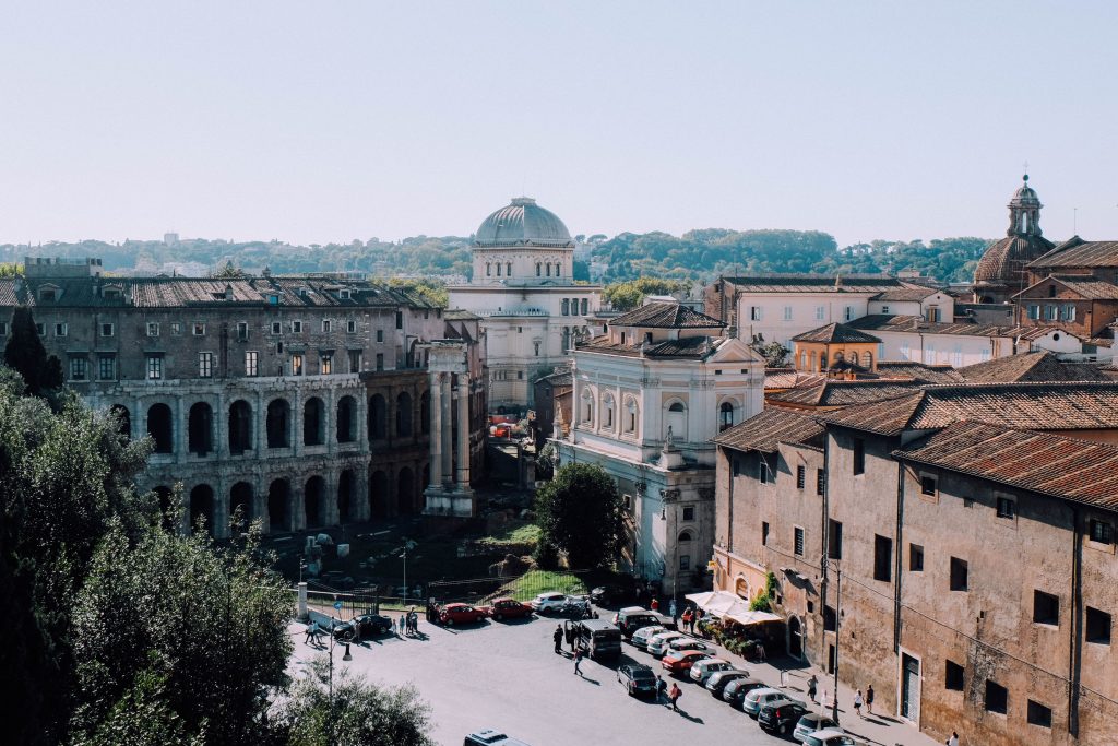 Rome Synagogue dome behind Teatro Marcello in the Rome Jewish Ghetto as seen from the Capitoline Terrace