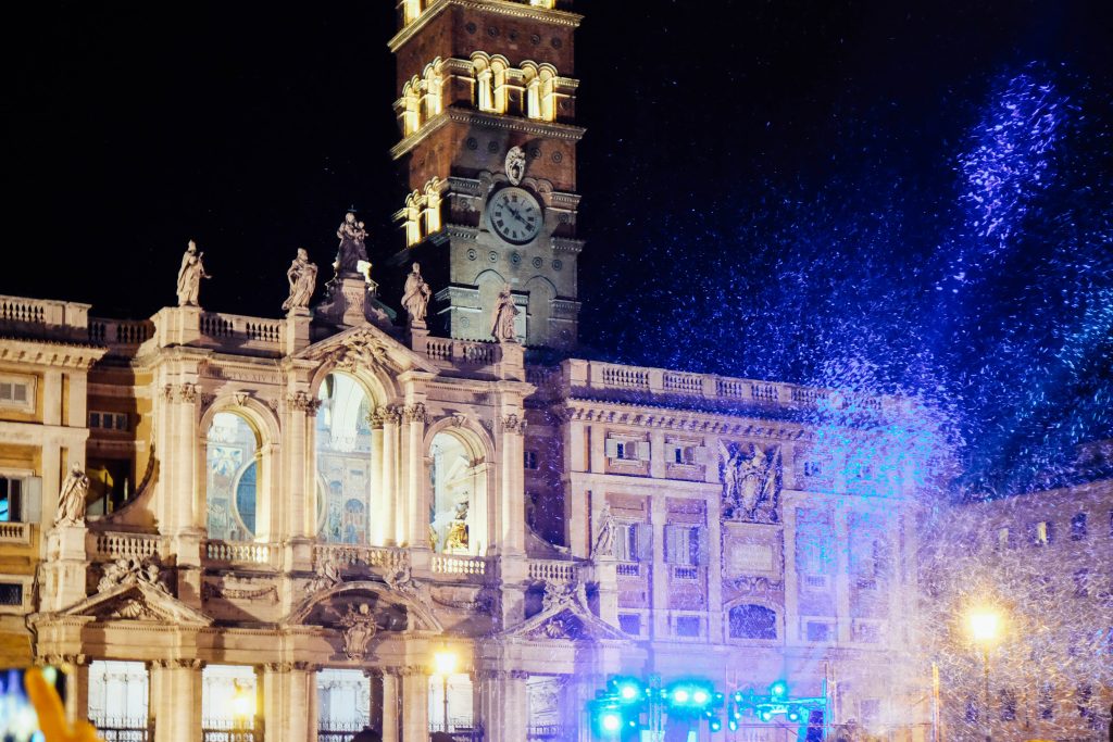 fake snow in front of church in Rome