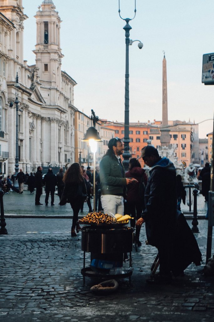roast chestnut seller in Rome on the edge of Piazza Navona
