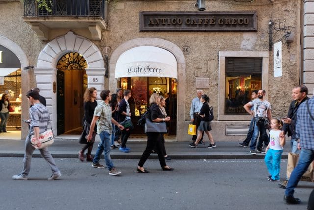 shoppers in rome walk by Antico Caffe Greco near the Spanish Steps