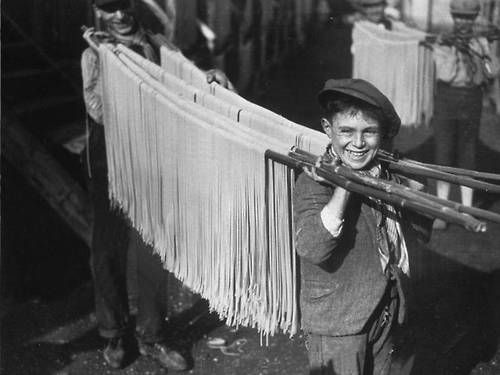 Boys carrying Spaghetti in vintage Italian photo