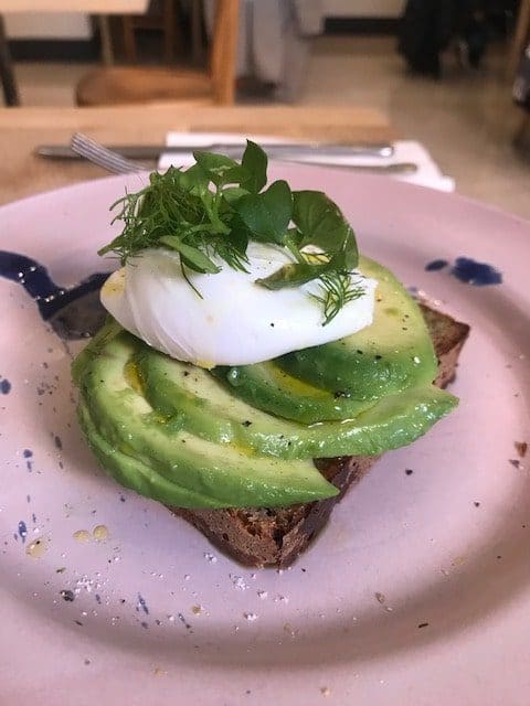 close up of avocado toast with egg