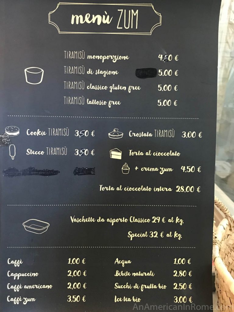 The menu from ZUM tiramisu shop in Rome