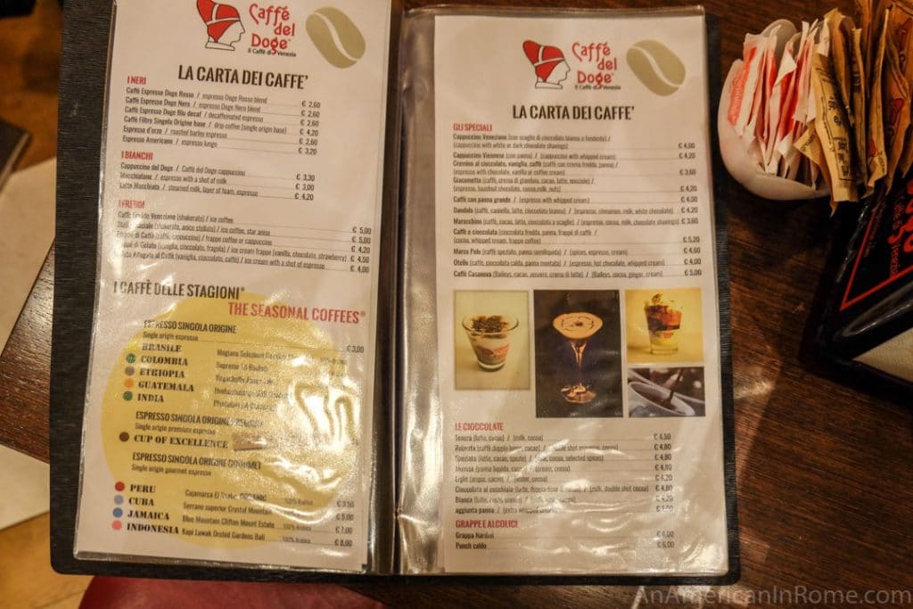 printed menu of Caffè del Doge with specialty coffee in Venice