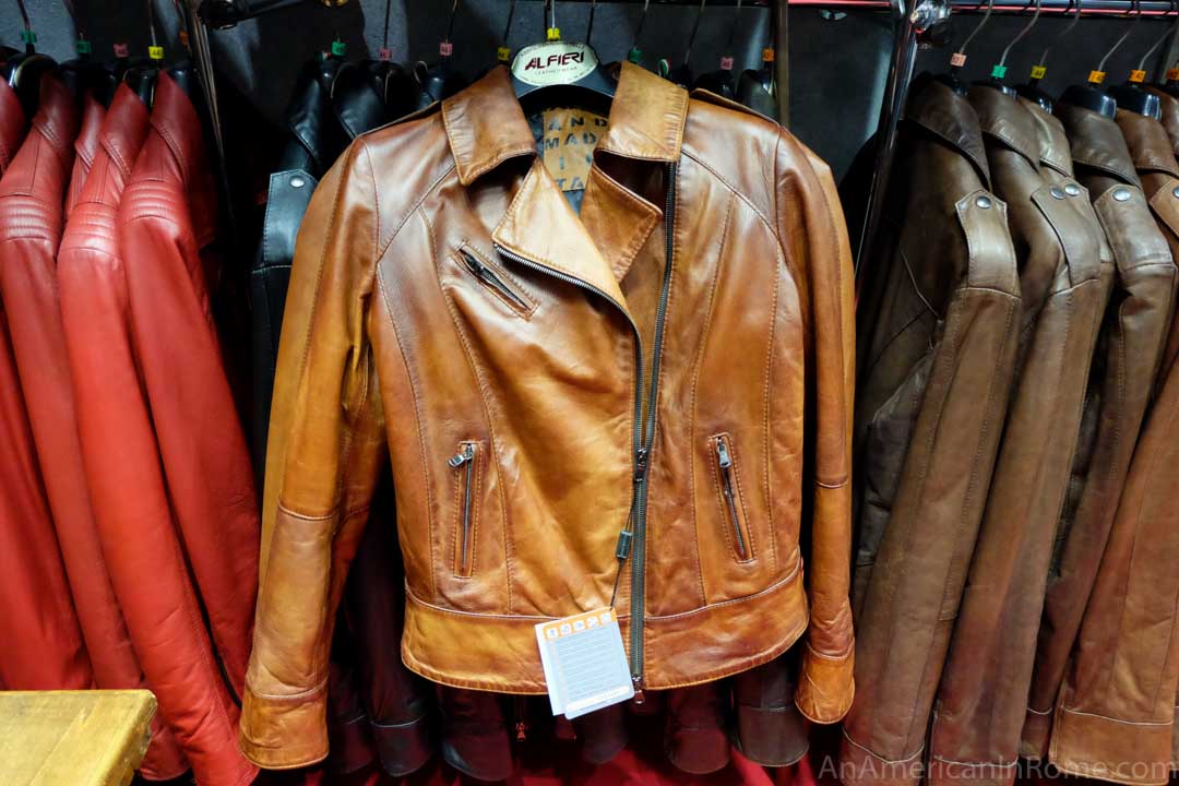 brown leather jacket with wide collar at Alfieri Leather shop in Rome