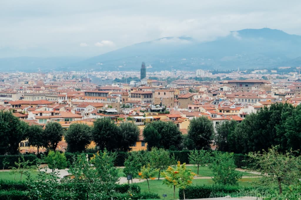 green lawn and bushes at the Boboli Gardens looking out over the rooftops of Florence