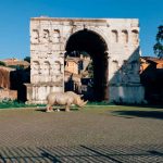 rome rhino in front of the arch of janus