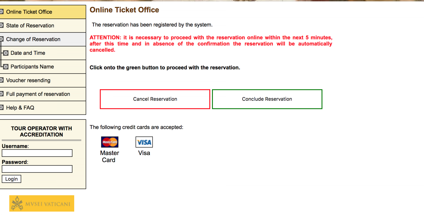 screen shot of how to use the Vatican ticket website