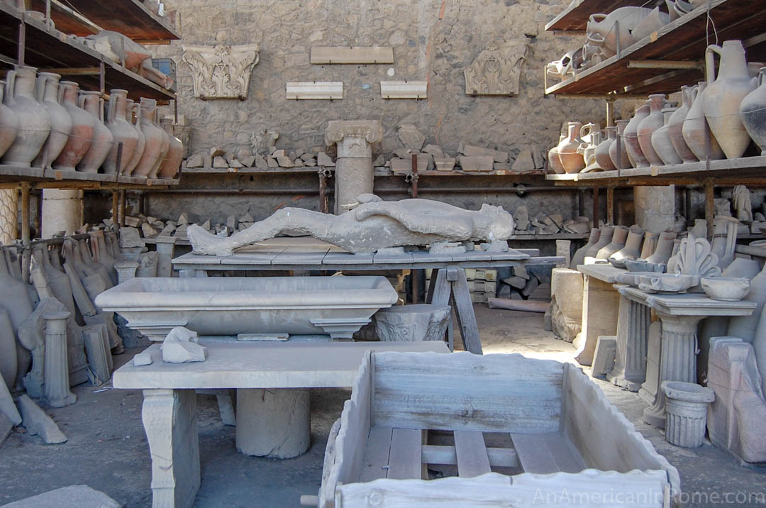 cast of a body buried by ash at Pompeii Italy