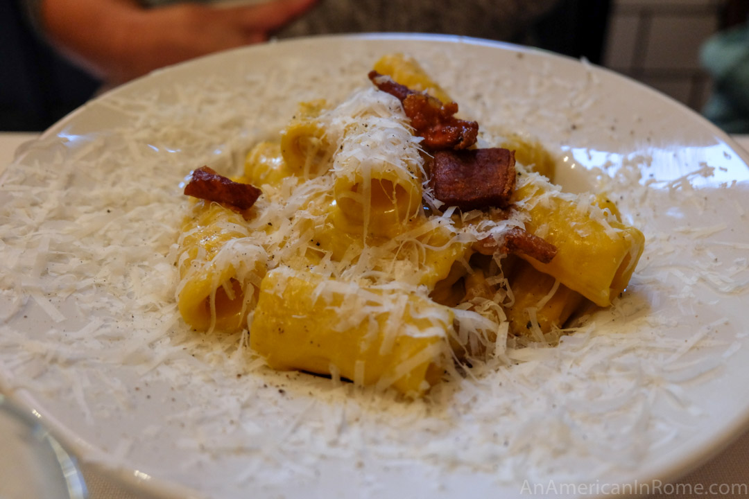 carbonara pasta on white plate 