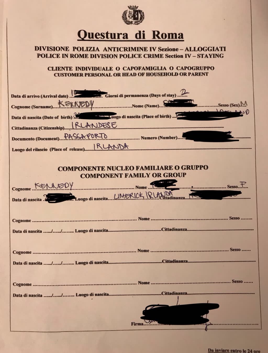 form with personal information for hotel check in in Rome