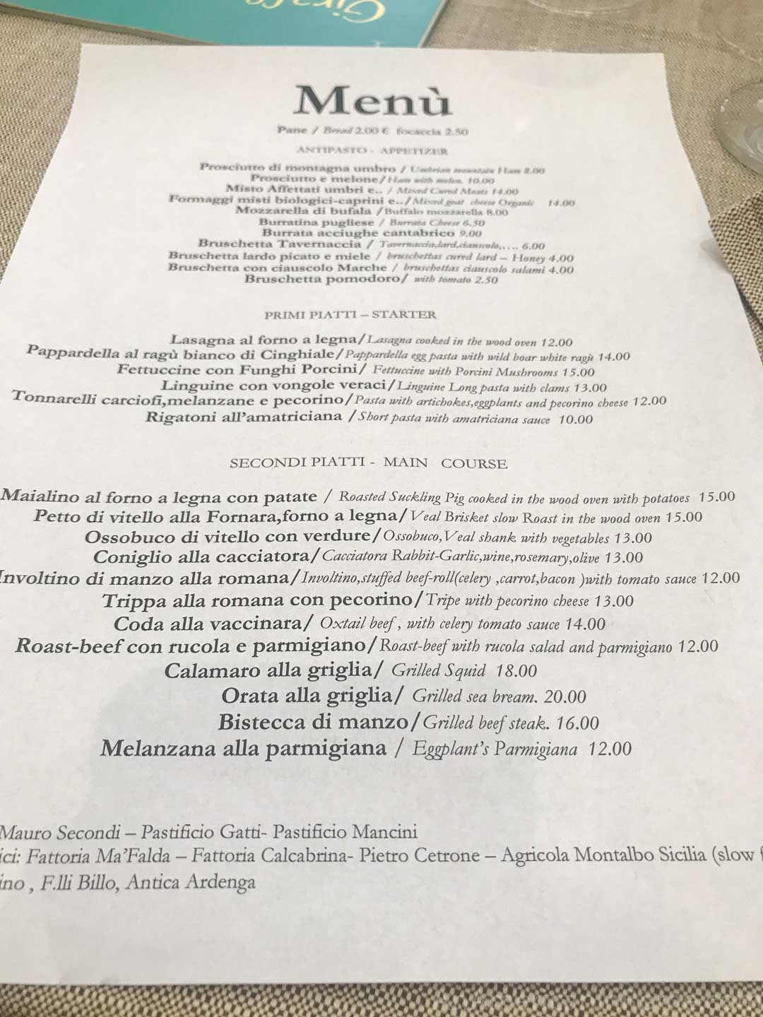 La Tavernaccia Rome menu with prices