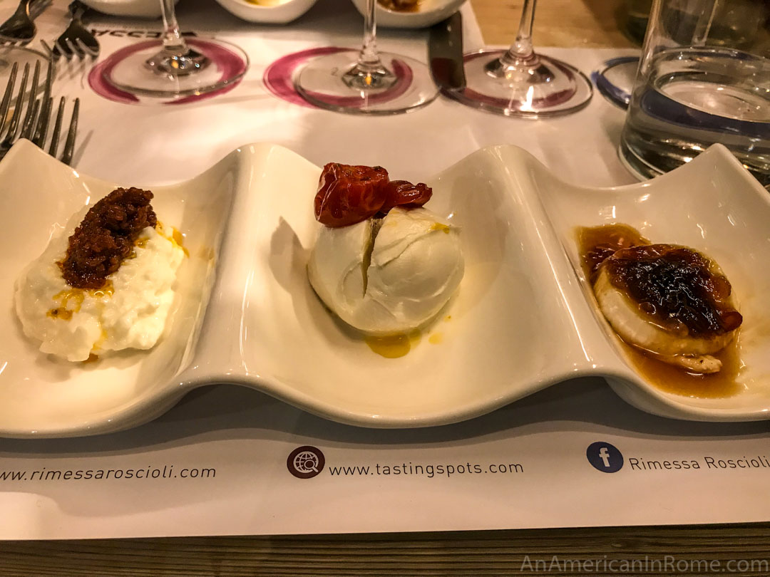cheese pairings in a row at rome wine tasting