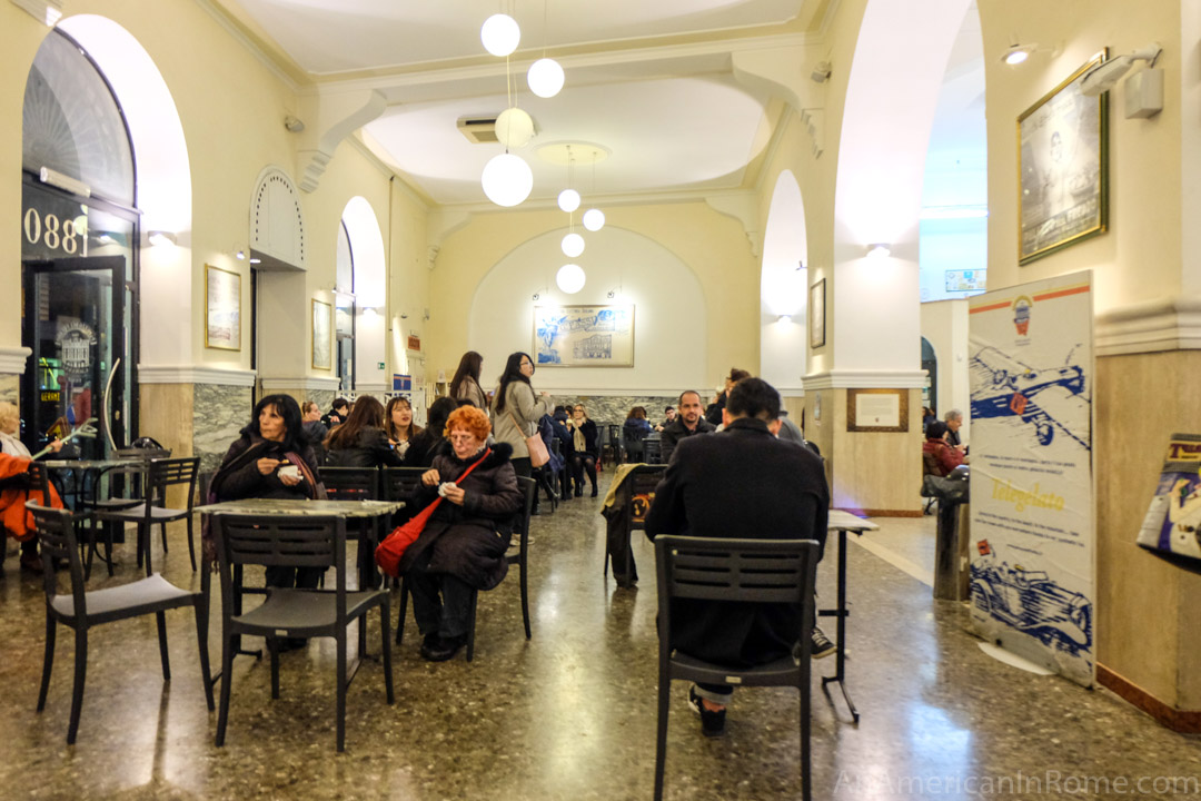 inside Fassi gelato where people eat ice cream at tables