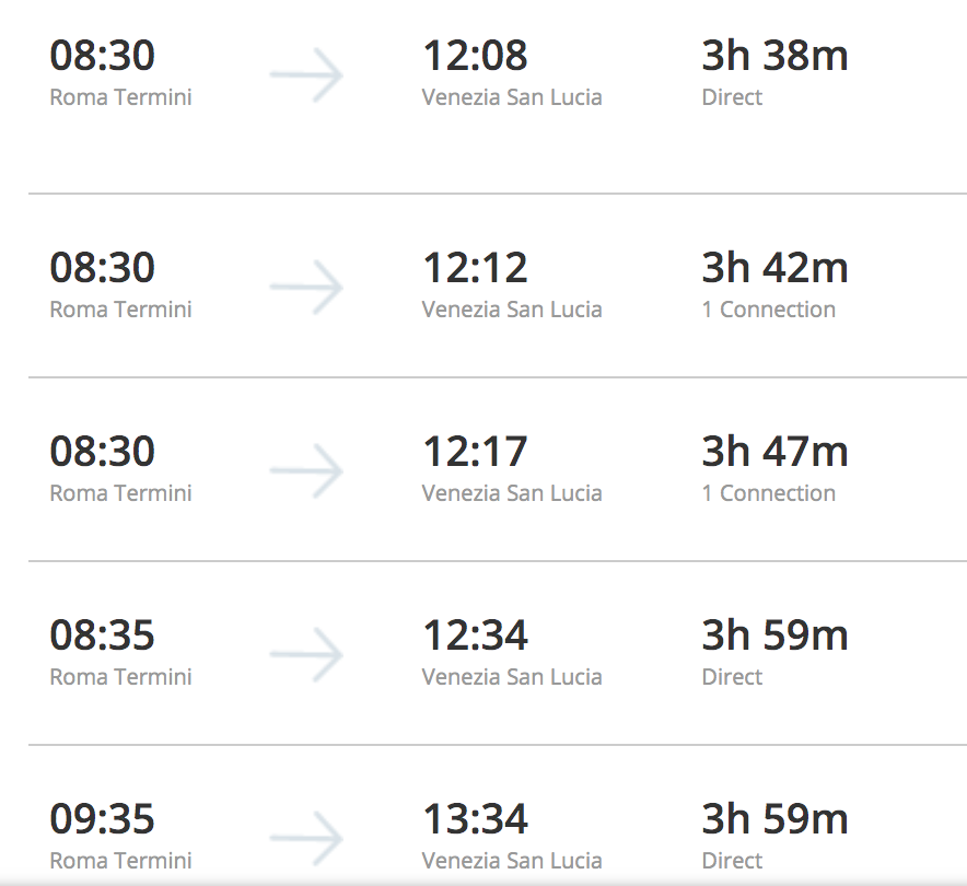 screenshot with times for rome to venice trains